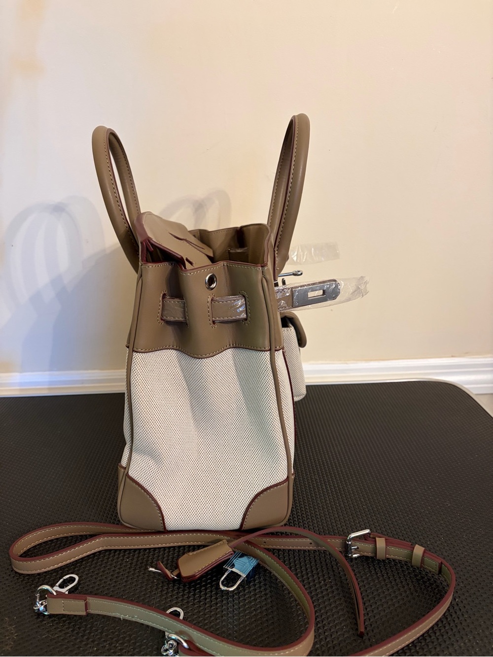 30cm Taupe and Cream Structured Canvas Tote Bag with Top Handles - Picture 9 of 13